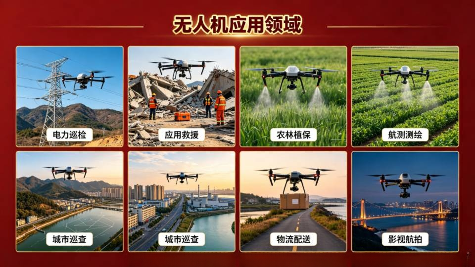 无人机应用领域:电力巡检、应急救援、农林植保、航测测绘、城市巡查、环保监测、物流配送、影视航拍